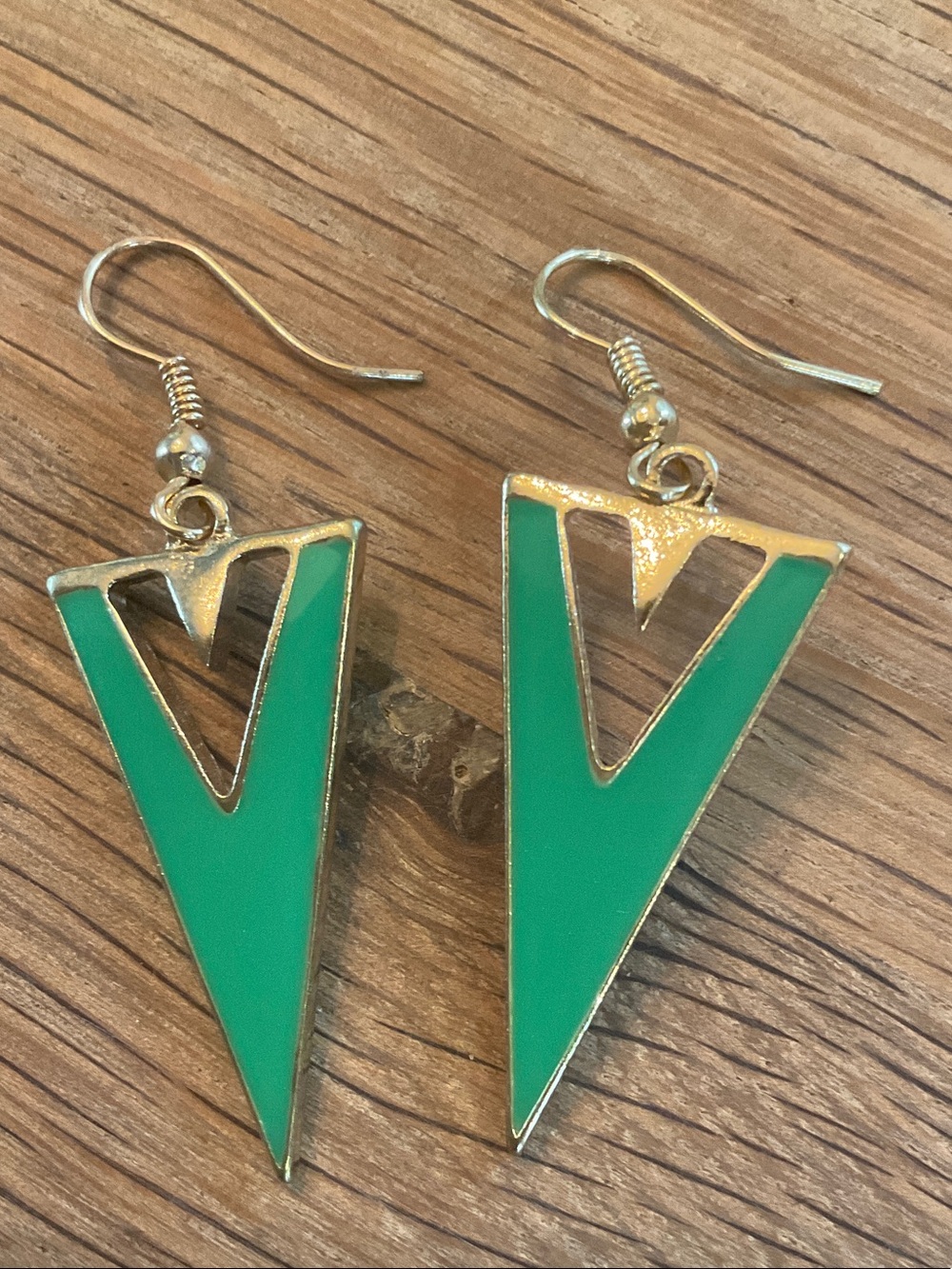 Green V-Shape Drop Earrings With Gold Tone Trim